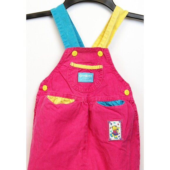 Vtg 90s Oshkosh Pink Colorblock Overalls girls 2T Dancing Bear Woven Flower USA - Picture 2 of 11